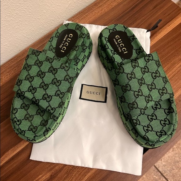 Gucci Heel 5.5cm Platform 4cm GG Slide Sandals Canvas Green 2021